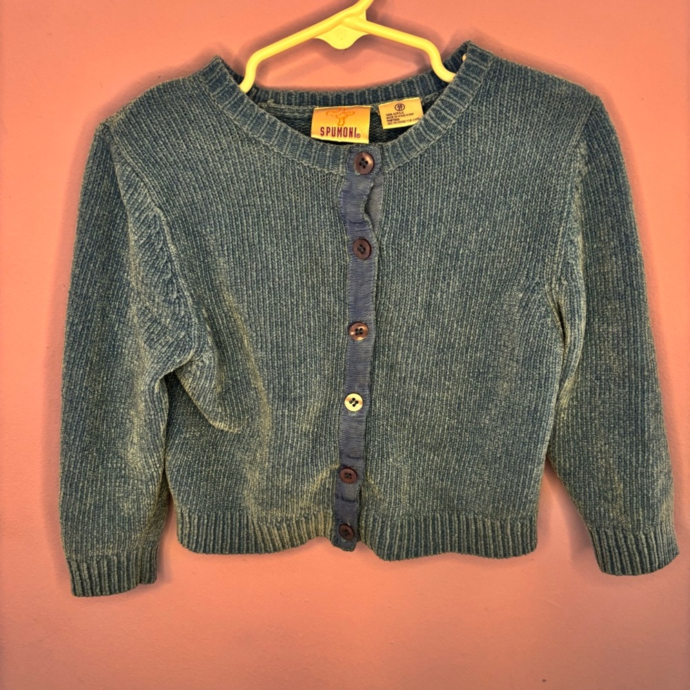 VINTAGE SPUMONI BLUE CHENILLE BUTTON UP CARDIGAN SWEATER SIZE 3T 100% ACRYLIC